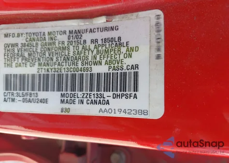 2003 Toyota Matrix Xrs из США, поврежденный, VIN 2T1KY32E13C004693